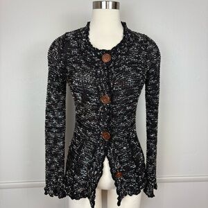 BCBGMaxAzria Boucle Knit Cardigan Sz S Button Front Ruffled Collar Sleeves Black